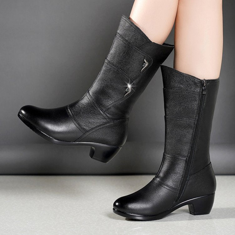 Botas femininas plataforma de cano médio com salto grosso e salto grosso 