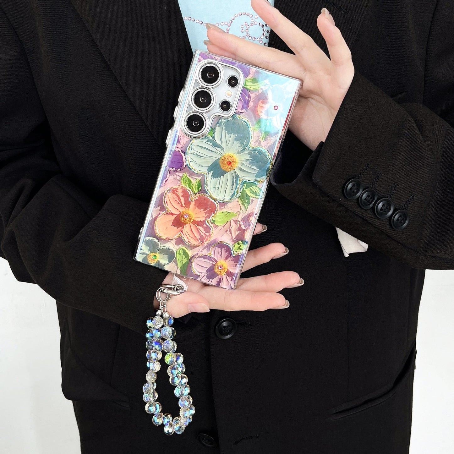 Capa de telefone com cordão de flores com pintura a óleo para Samsung 