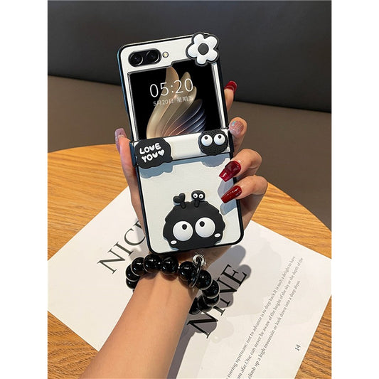 Cute Coal Ball Elf Phone Case, Hinge Leather Grain Case with Black Bead Bracelet, Compatible with Galaxy Z Flip 3/Galaxy Z Flip 4/Galaxy Z Flip 5/Galaxy Z Flip 6