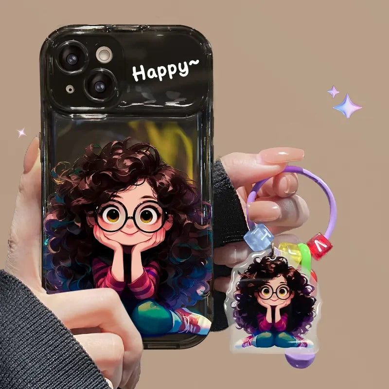 Casing iPhone gadis kacamata rambut goreng kreatif dengan cermin lipat