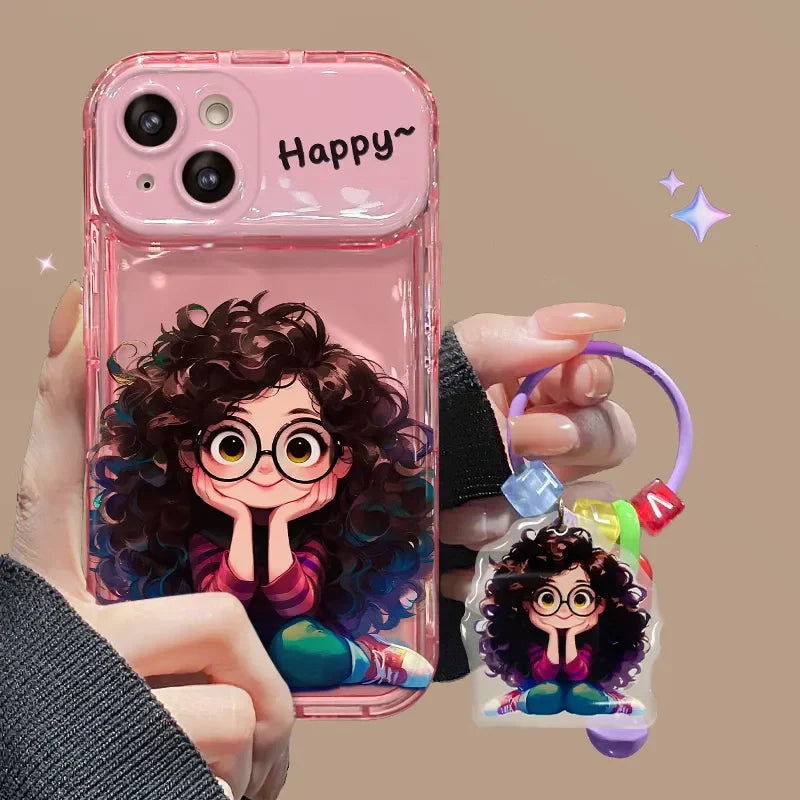 Casing iPhone gadis kacamata rambut goreng kreatif dengan cermin lipat