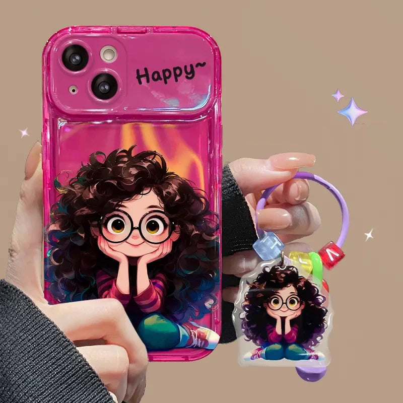 Casing iPhone gadis kacamata rambut goreng kreatif dengan cermin lipat