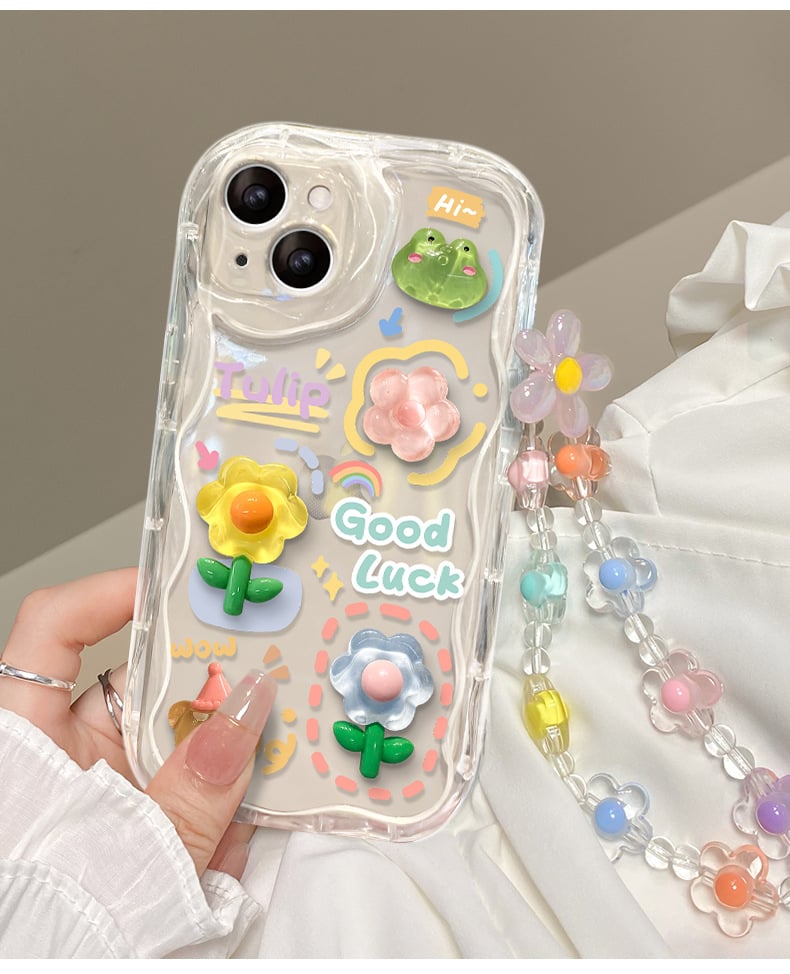 Capa de telefone fofa para iPhone Series Capa para adolescentes com linda flor 3D transparente e cordão de corrente de flores Alça de pulso Capa de telefone transparente para meninas e mulheres 