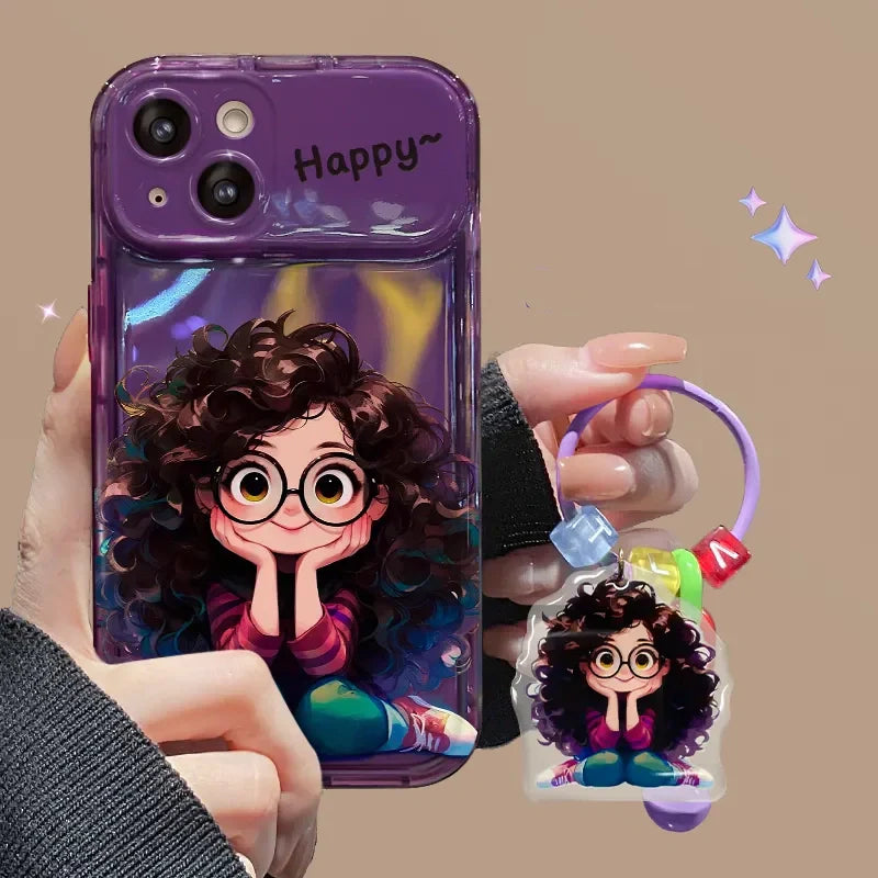 Casing iPhone gadis kacamata rambut goreng kreatif dengan cermin lipat