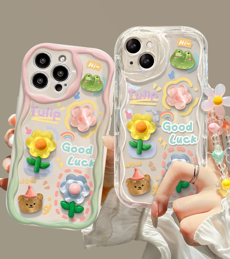 Capa de telefone fofa para iPhone Series Capa para adolescentes com linda flor 3D transparente e cordão de corrente de flores Alça de pulso Capa de telefone transparente para meninas e mulheres 