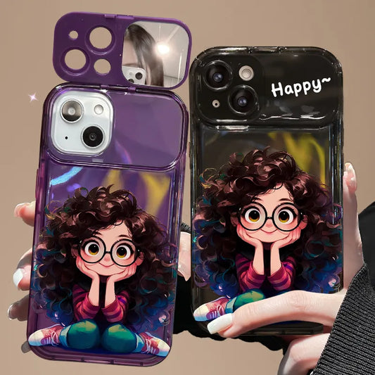 Casing iPhone gadis kacamata rambut goreng kreatif dengan cermin lipat