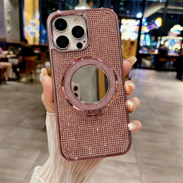 Electroplating flash diamond makeup mirror stand phone case