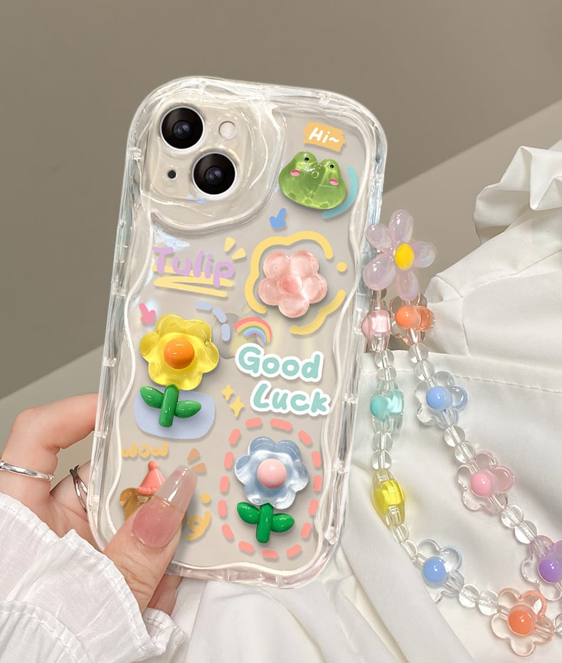 Capa de telefone fofa para iPhone Series Capa para adolescentes com linda flor 3D transparente e cordão de corrente de flores Alça de pulso Capa de telefone transparente para meninas e mulheres 