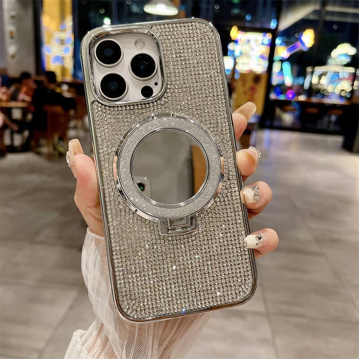 Electroplating flash diamond makeup mirror stand phone case