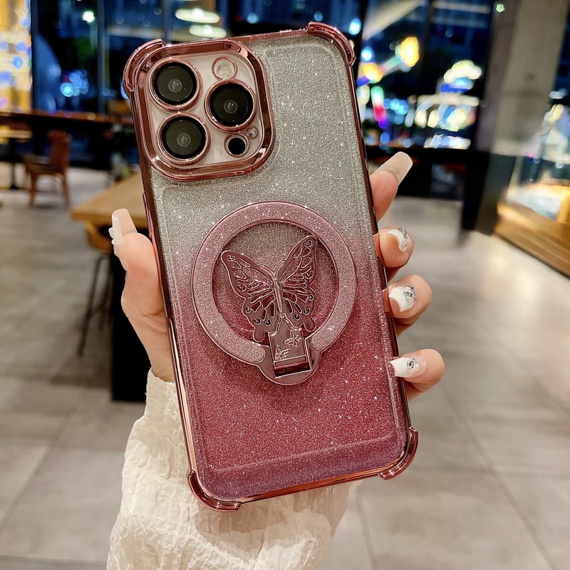 Capa magnética com suporte de glitter borboleta para iPhone - Proteção contra quedas de airbag de quatro cantos