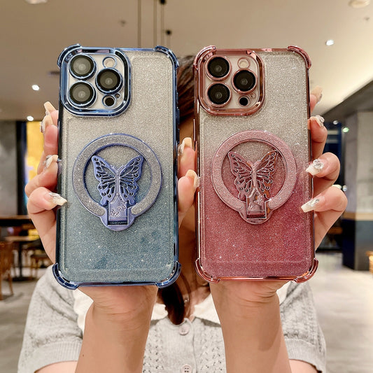 Capa magnética com suporte de glitter borboleta para iPhone - Proteção contra quedas de airbag de quatro cantos