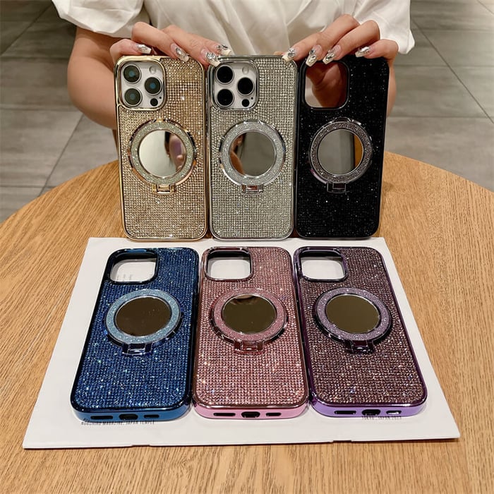 Electroplating flash diamond makeup mirror stand phone case