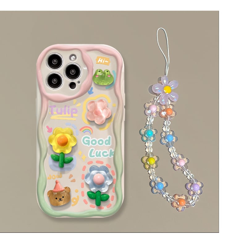 Capa de telefone fofa para iPhone Series Capa para adolescentes com linda flor 3D transparente e cordão de corrente de flores Alça de pulso Capa de telefone transparente para meninas e mulheres 