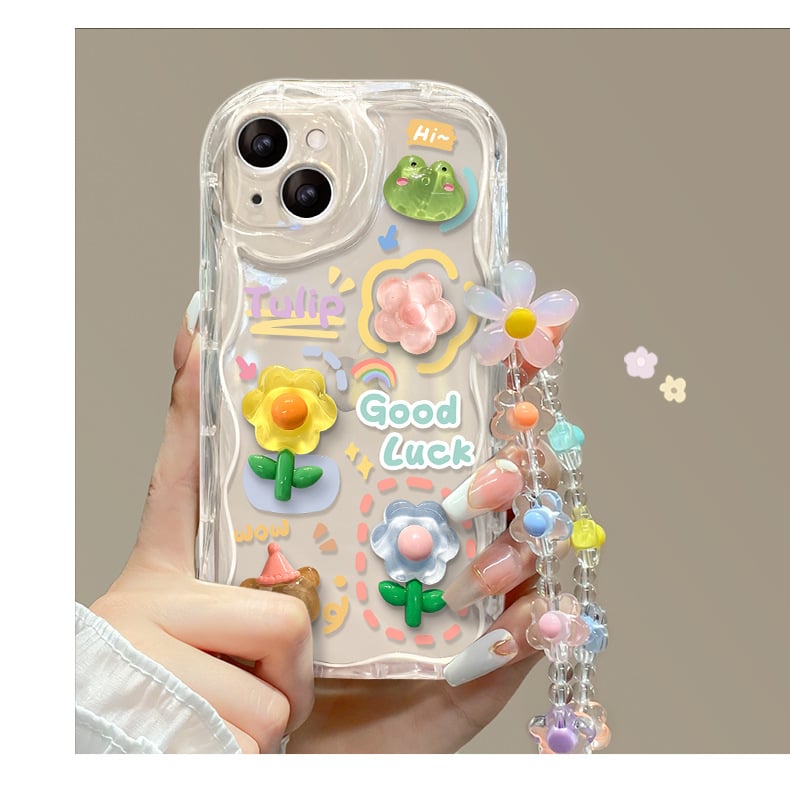 Capa de telefone fofa para iPhone Series Capa para adolescentes com linda flor 3D transparente e cordão de corrente de flores Alça de pulso Capa de telefone transparente para meninas e mulheres 