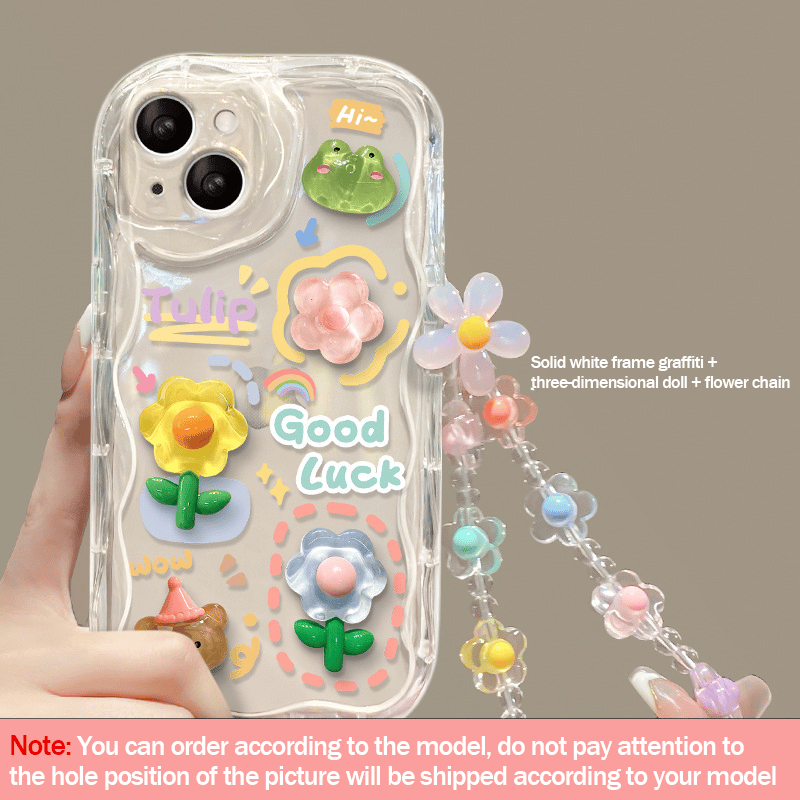 Capa de telefone fofa para iPhone Series Capa para adolescentes com linda flor 3D transparente e cordão de corrente de flores Alça de pulso Capa de telefone transparente para meninas e mulheres 