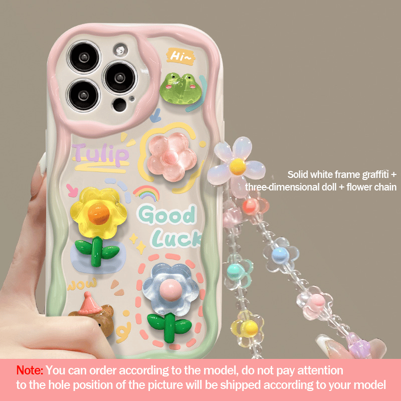 Capa de telefone fofa para iPhone Series Capa para adolescentes com linda flor 3D transparente e cordão de corrente de flores Alça de pulso Capa de telefone transparente para meninas e mulheres 