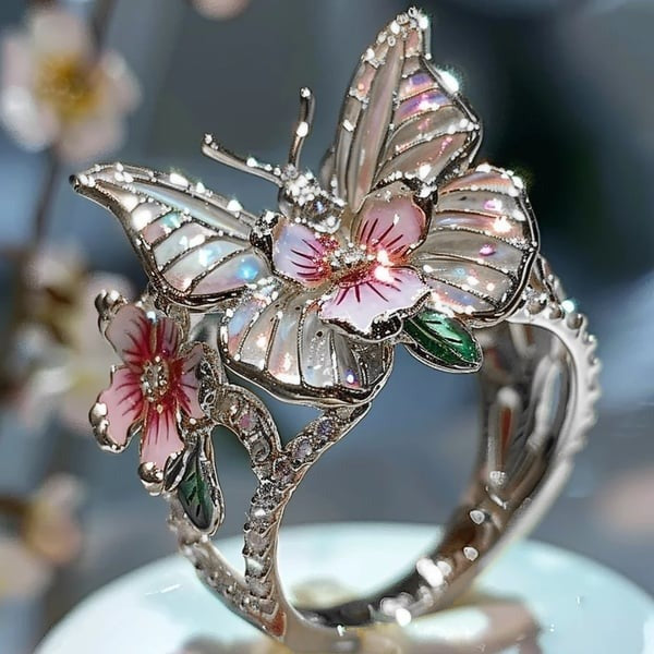 Enamel Butterfly Flower Ring