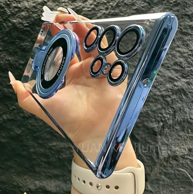 Capa de telefone magnética HD transparente de alta qualidade galvanizada com suporte dobrável para Samsung