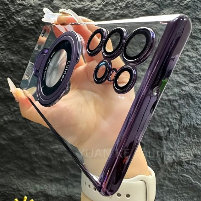 Capa de telefone magnética HD transparente de alta qualidade galvanizada com suporte dobrável para Samsung