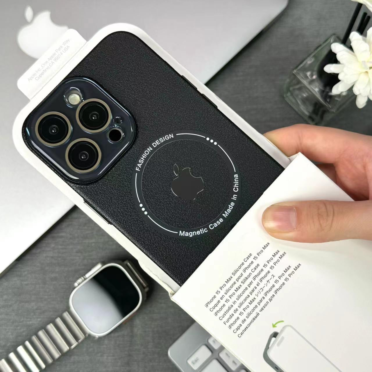 Casing Kulit Magnetik Pola Lengkeng Kacamata Mewah untuk iPhone