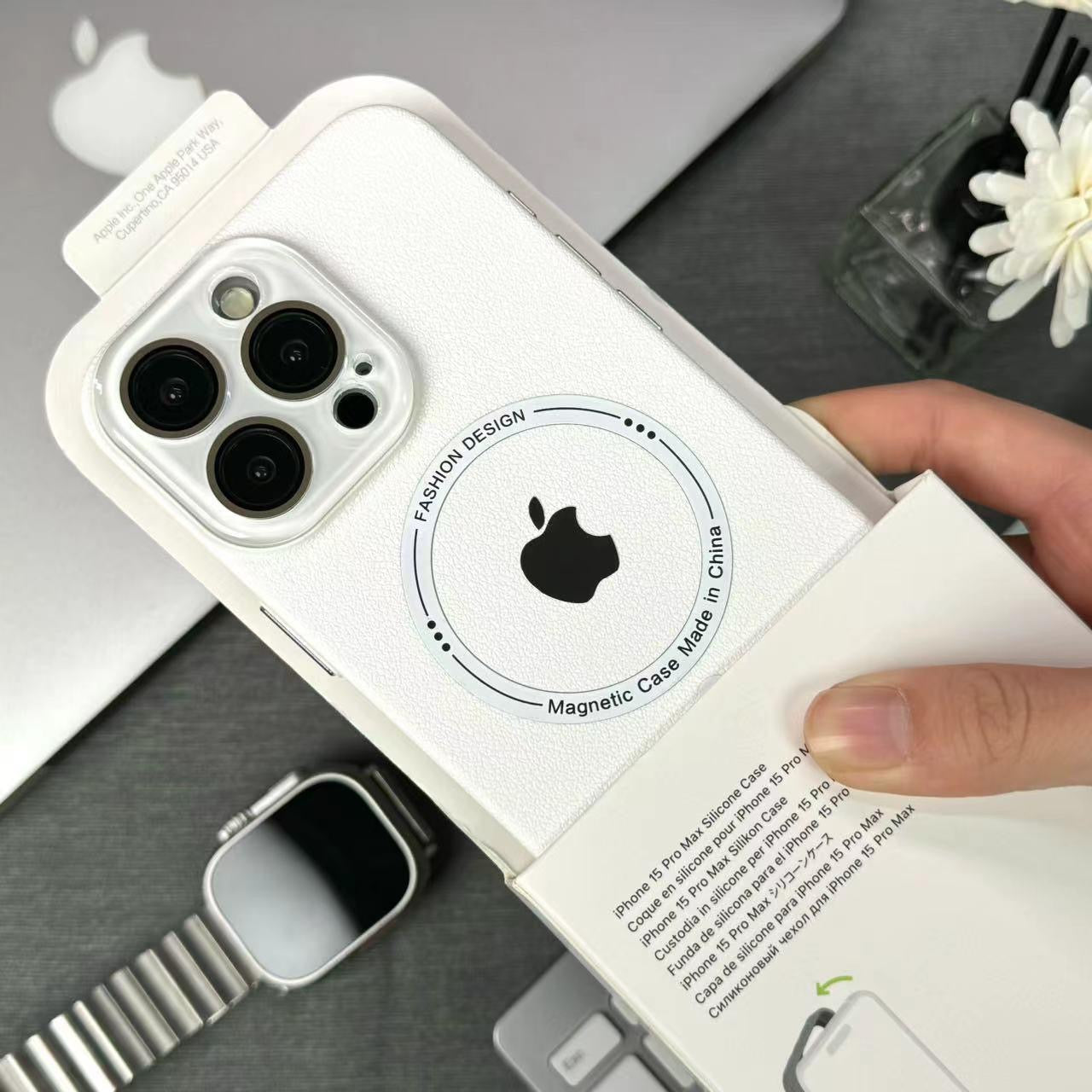 Casing Kulit Magnetik Pola Lengkeng Kacamata Mewah untuk iPhone