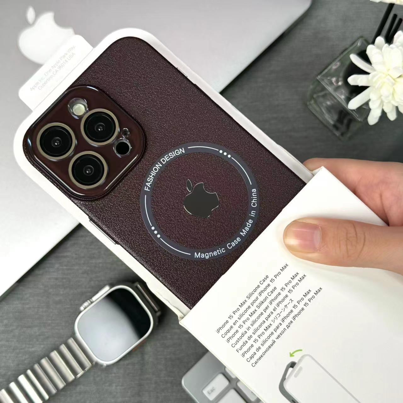 Estuche de cuero magnético con patrón de lichi y gafas de lujo para iPhone