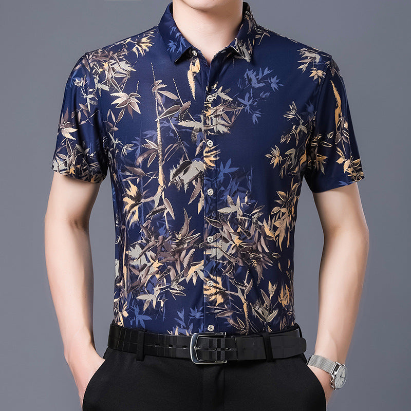 Camisa de seda de manga curta casual solta sem ferro para verão masculina 