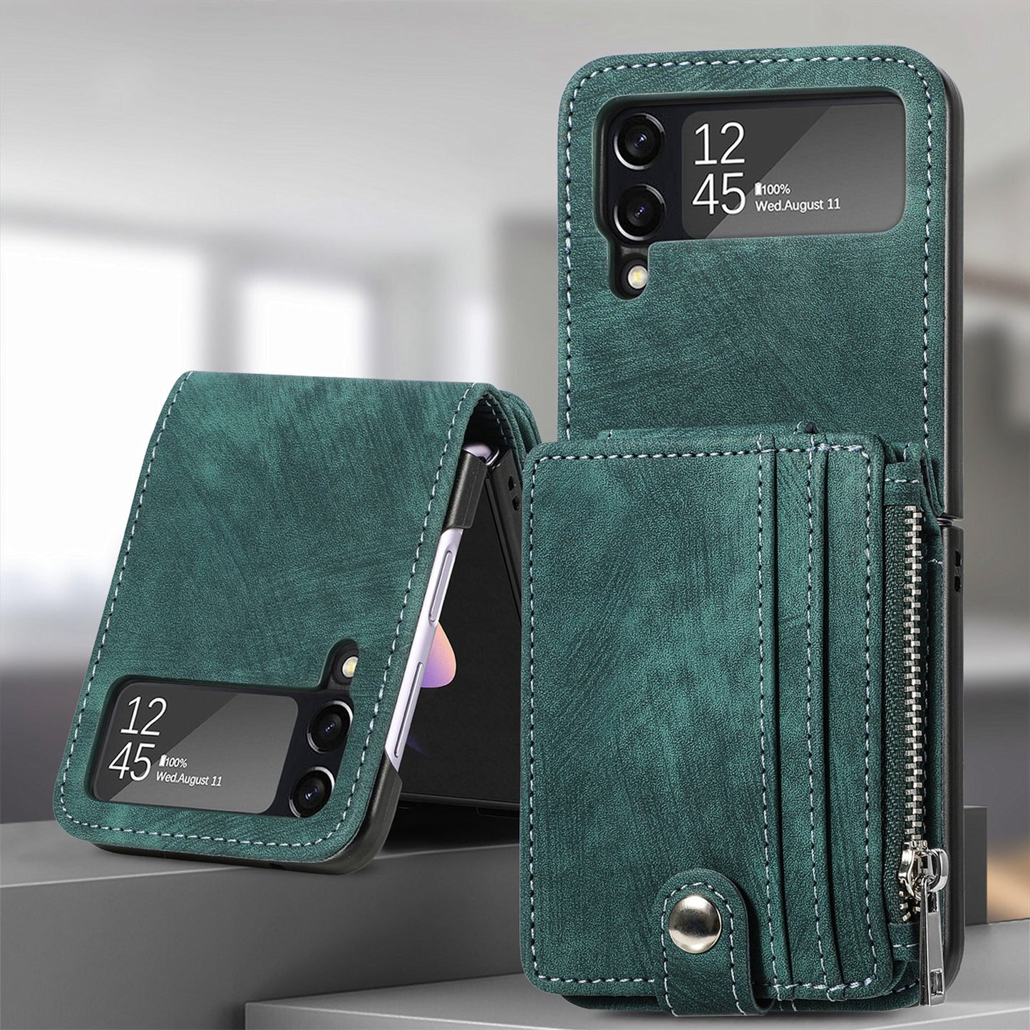 Capa dobrável de couro destacável 2 em 1 com zíper para Samsung Flip4 Flip3 5G 