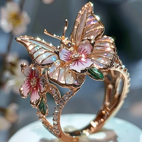 Enamel Butterfly Flower Ring