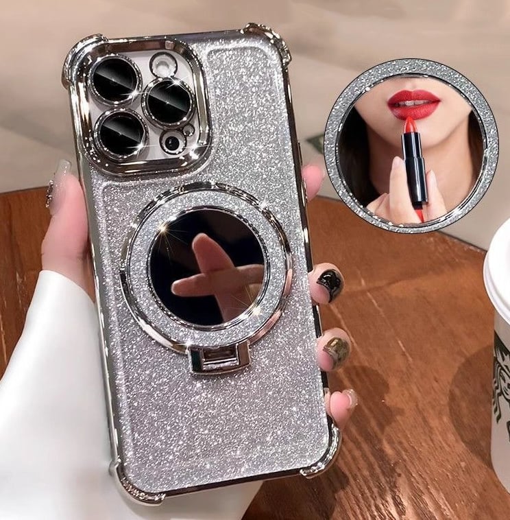 Glitter Mirror Magnetic Holder with Lens Film Four Corners Drop Proof Phone Case for iphone