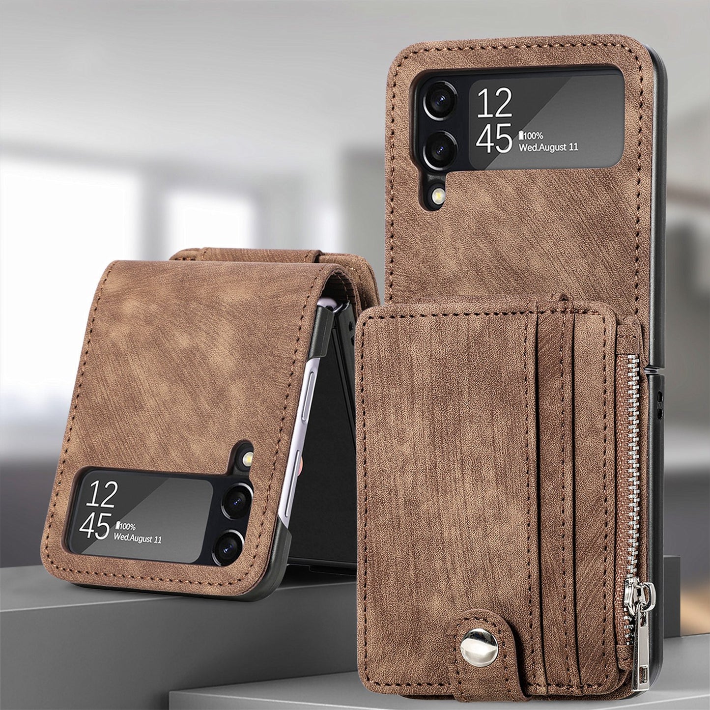 Capa dobrável de couro destacável 2 em 1 com zíper para Samsung Flip4 Flip3 5G 