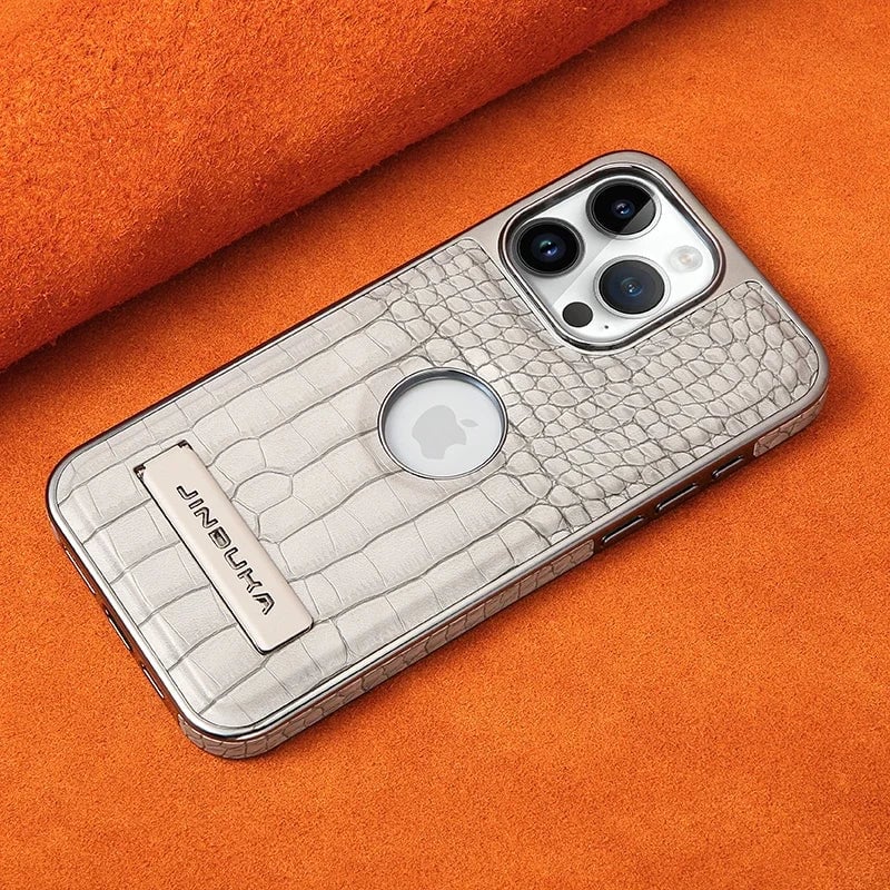 Capa magnética com suporte invisível de couro com padrão de crocodilo para iPhone, carregamento sem fio para Magsafe