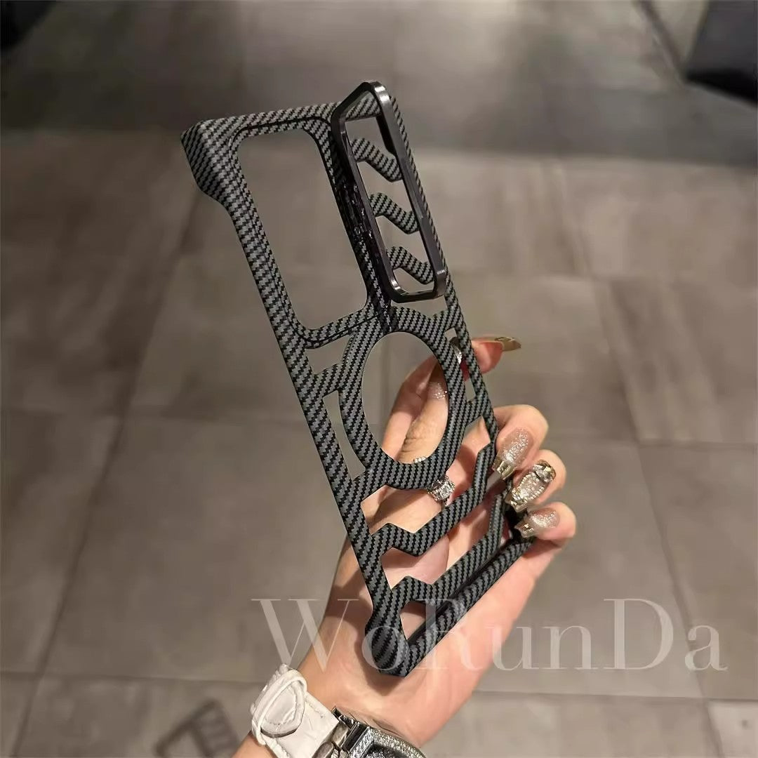 Capa de telefone com suporte magnético de lente de fibra de carbono oco para Samsung 