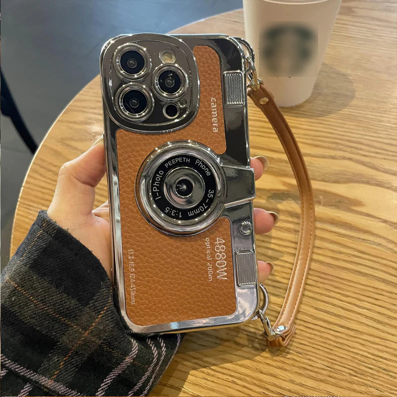 Cocok untuk casing ponsel kamera Retro Stereo seri IPhone 14 dan 15 dengan tali