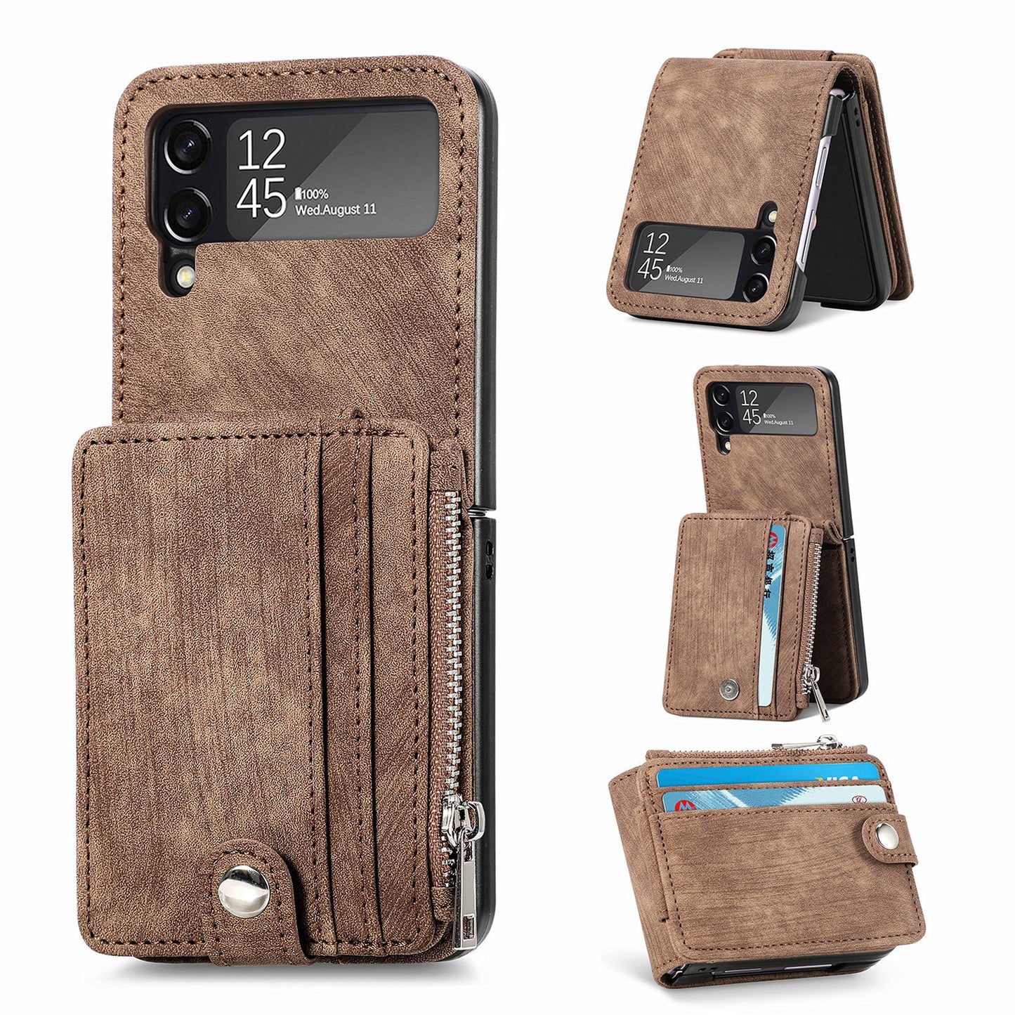 Capa dobrável de couro destacável 2 em 1 com zíper para Samsung Flip4 Flip3 5G 