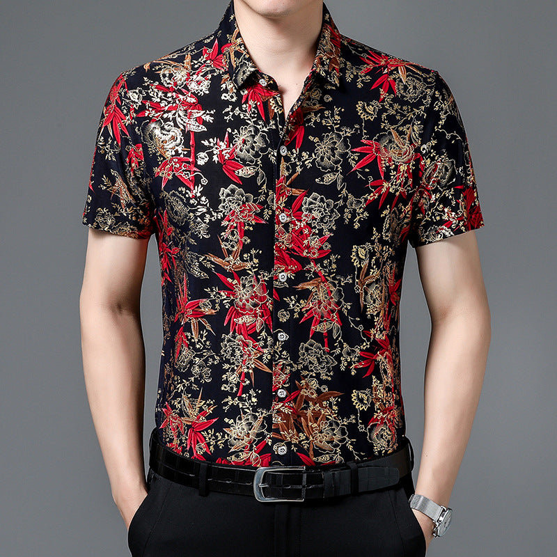 Camisa de seda de manga curta casual solta sem ferro para verão masculina 