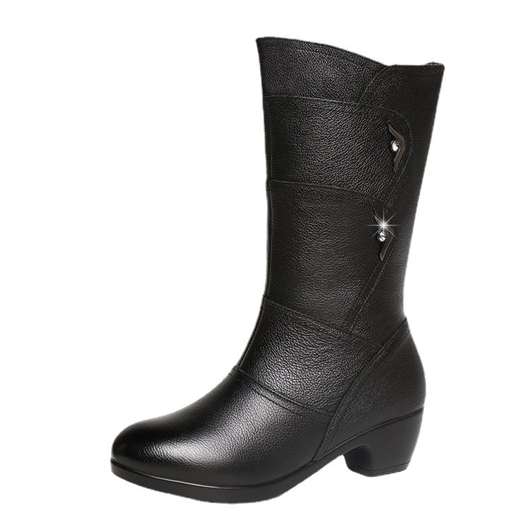 Botas femininas plataforma de cano médio com salto grosso e salto grosso 