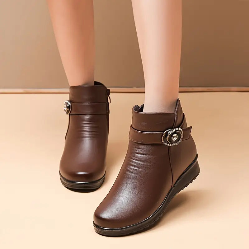 Botas femininas, monocromáticas, inverno, plataforma de couro com neve 