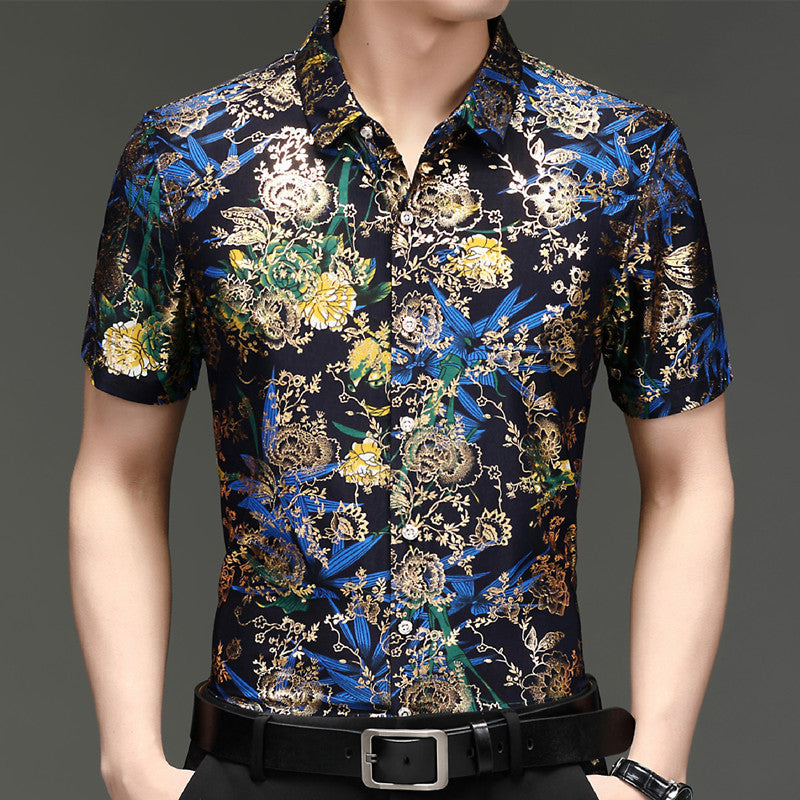 Camisa de seda de manga curta casual solta sem ferro para verão masculina 