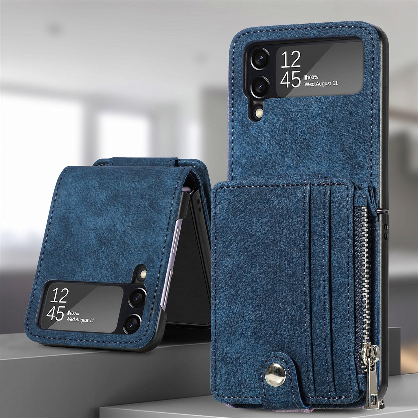 Capa dobrável de couro destacável 2 em 1 com zíper para Samsung Flip4 Flip3 5G 