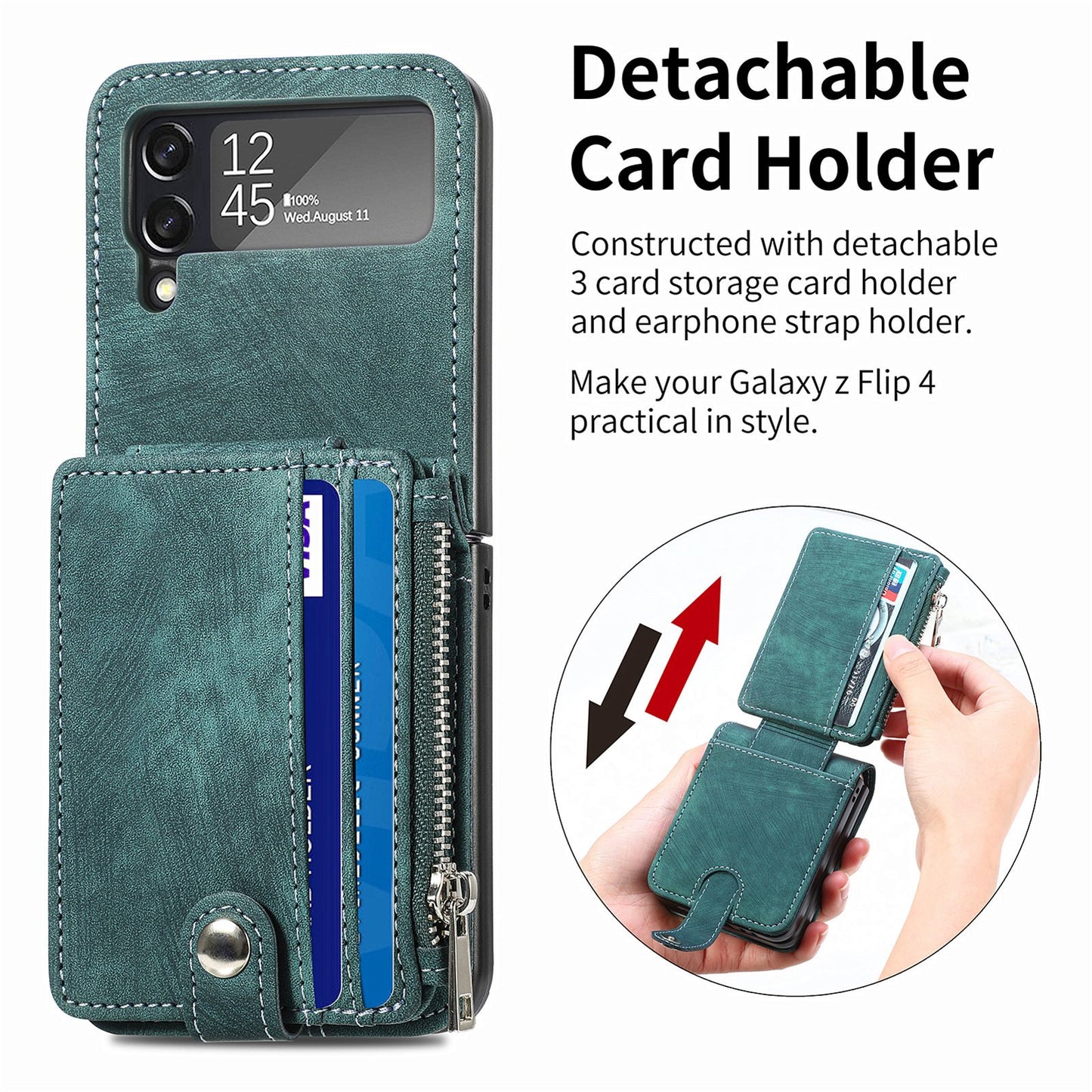 Capa dobrável de couro destacável 2 em 1 com zíper para Samsung Flip4 Flip3 5G 