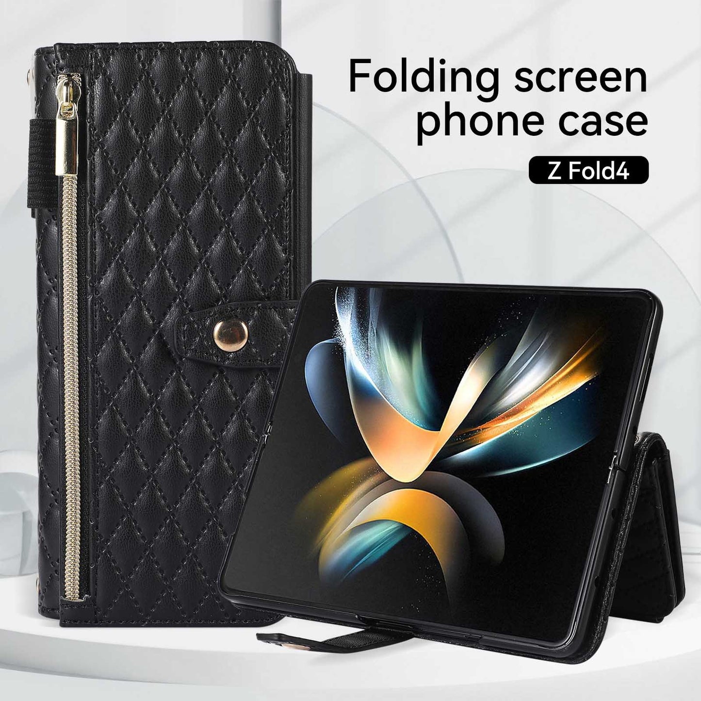 Capa tipo carteira com tiracolo e alça transversal Rhombic para Samsung Galaxy Z Fold4 Fold3 5G