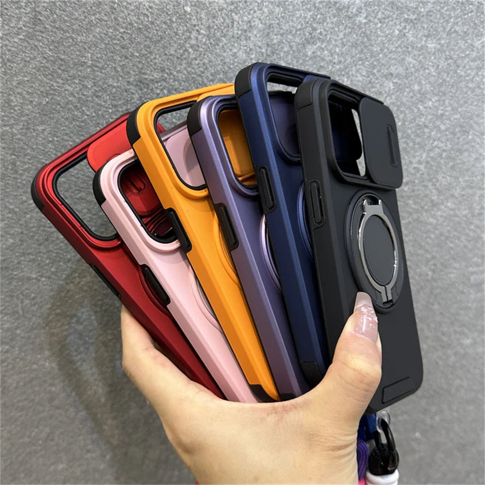 Capa Armor Ring Slide Window Strap para iPhone 