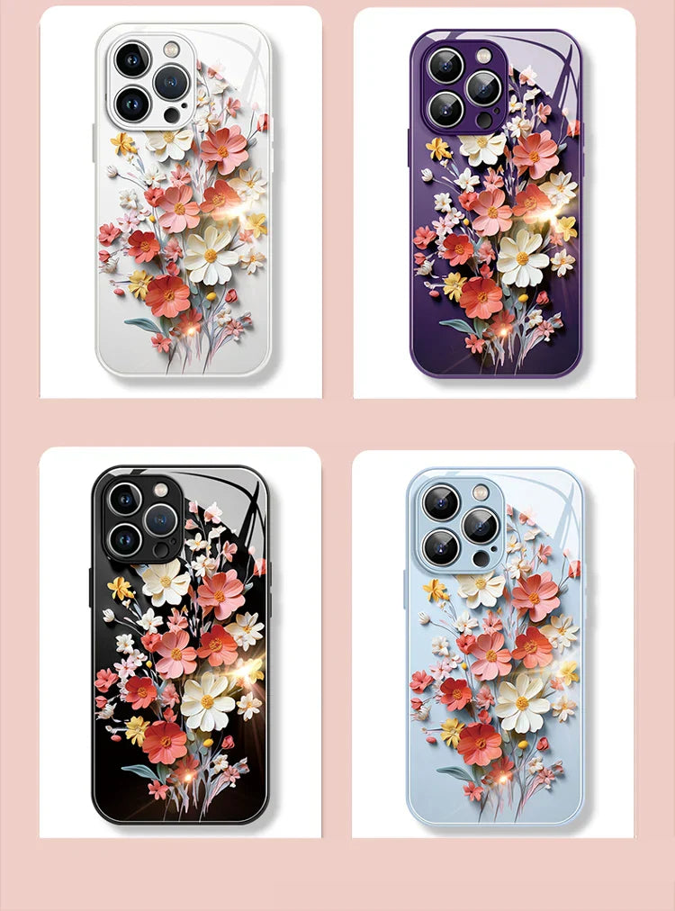 Hard Case Kaca Bunga Lukis untuk iPhone