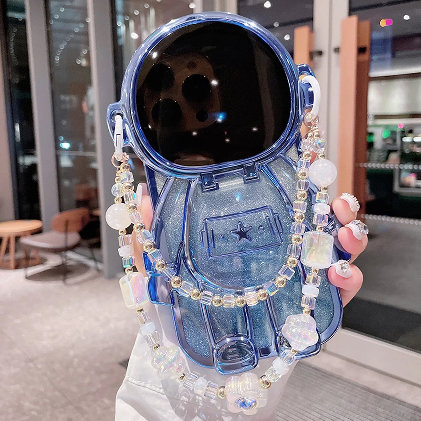 Casing Ponsel Tali Braket Cermin Rias Lensa Astronot 3D Mewah untuk iPhone