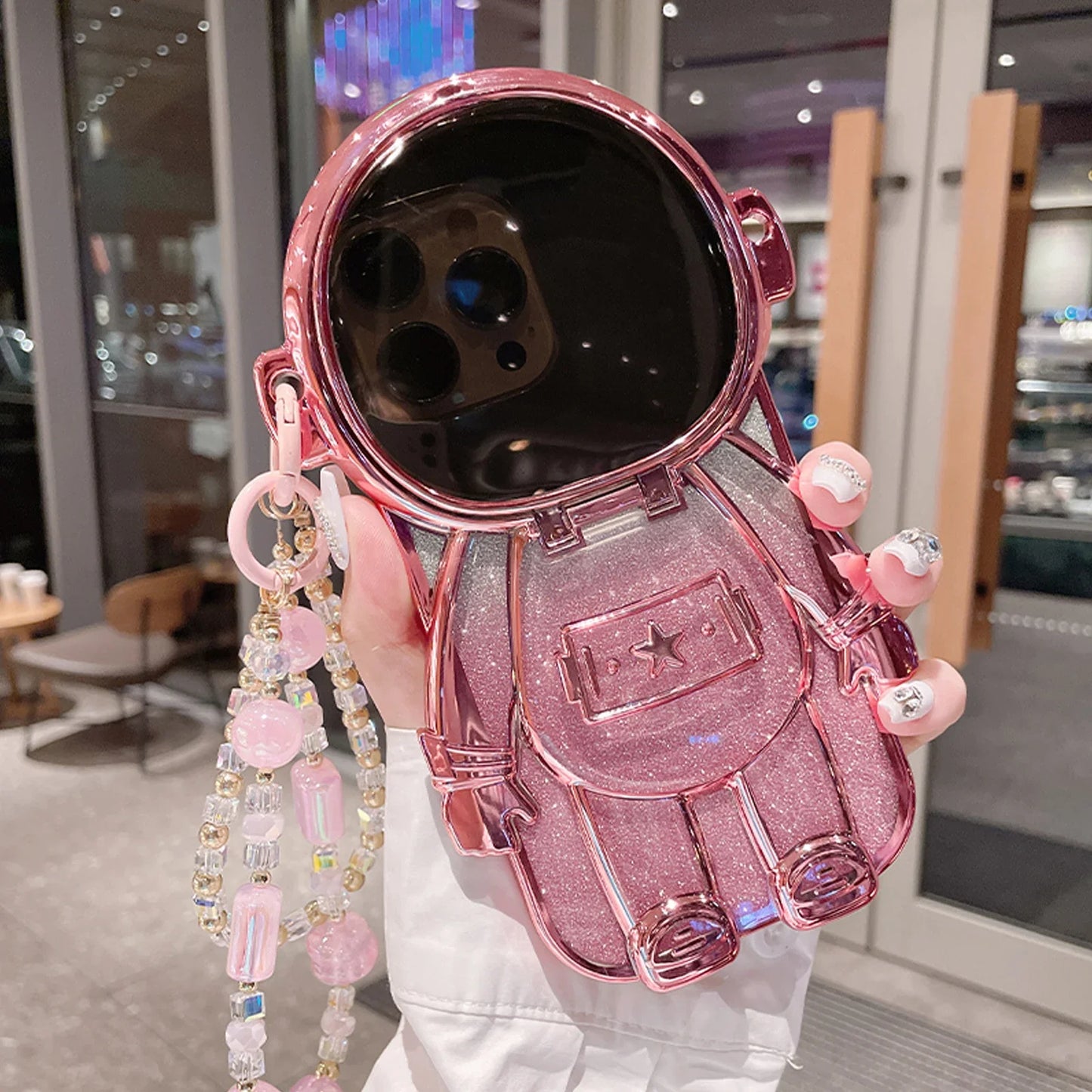 Casing Ponsel Tali Braket Cermin Rias Lensa Astronot 3D Mewah untuk iPhone