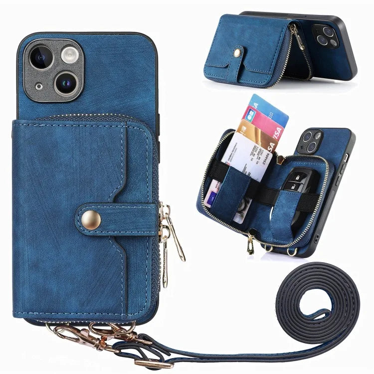 Luxury Crossbody Zipper Leather Rope Card Pocket Case For iPhone