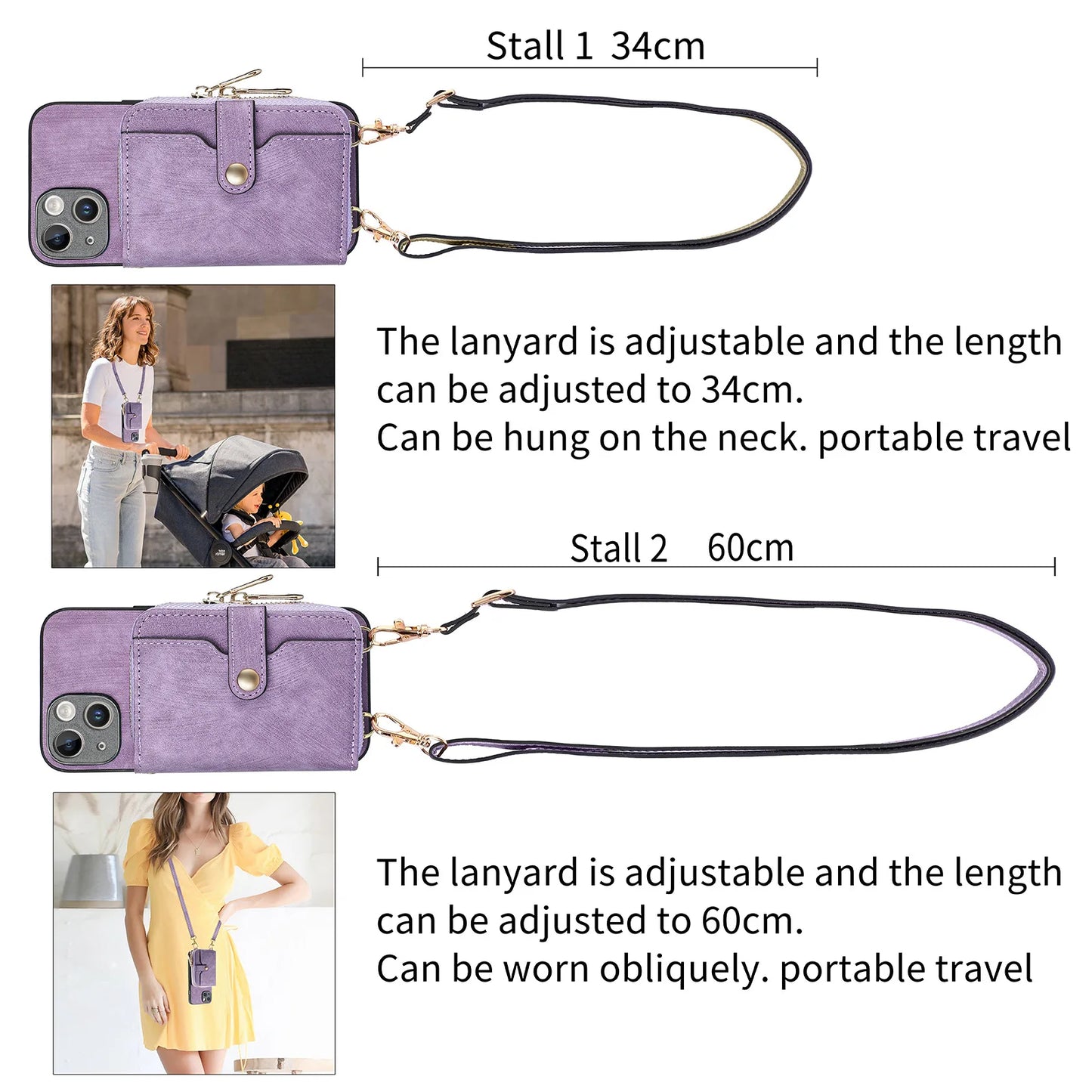 Luxury Crossbody Zipper Leather Rope Card Pocket Case For iPhone