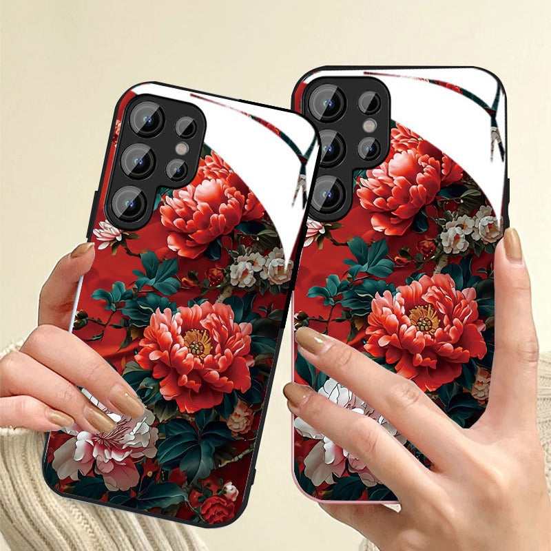 Flor de peônia vermelha popular para capa de vidro para celular Samsung 