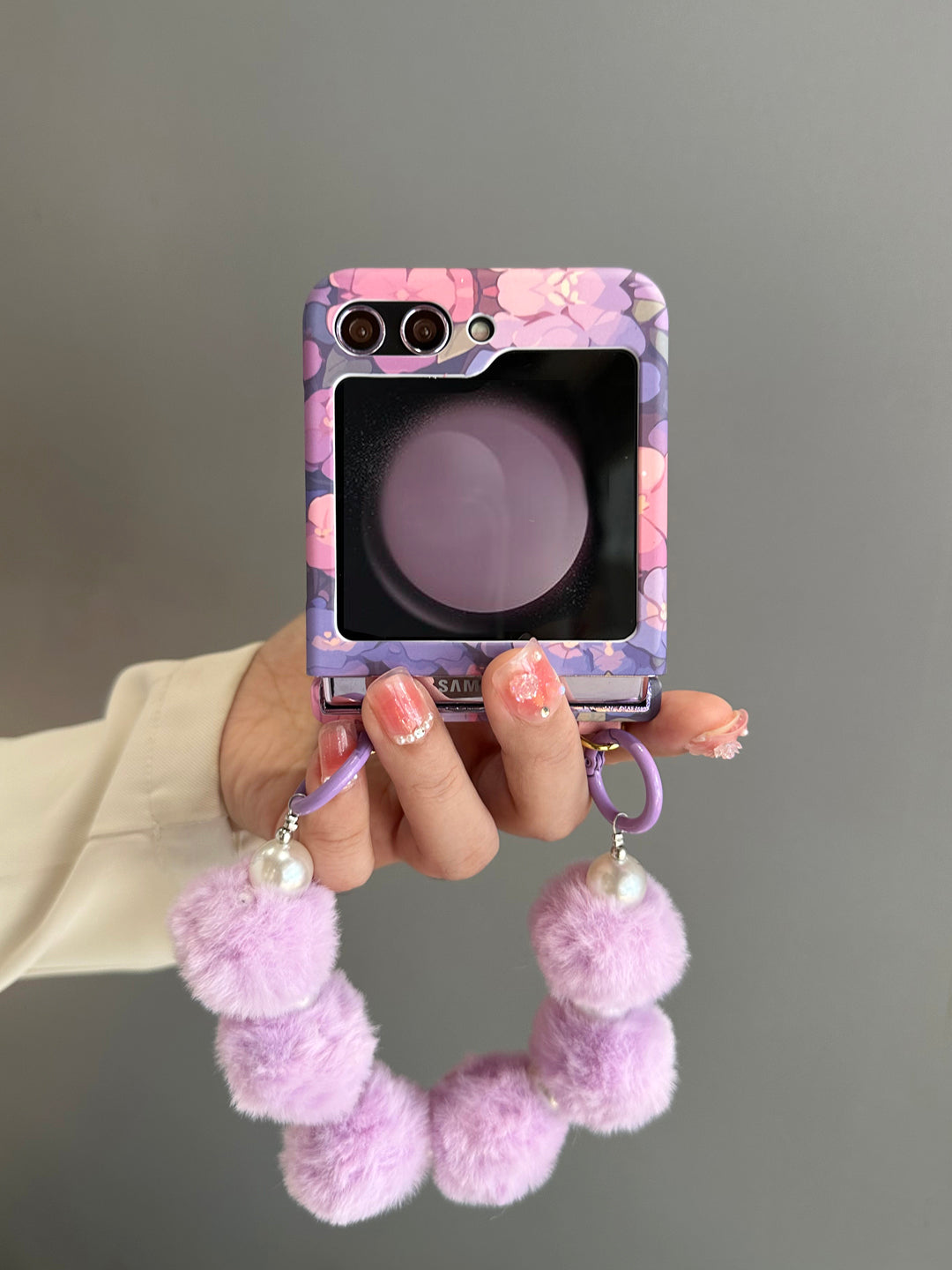 Floral Flip Phone Case with Pom-Pom Strap